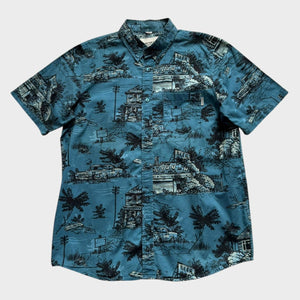 Carhartt Shirt Crazy Pattern Print Men's Blue Short Sleeve Button Up Size Medium